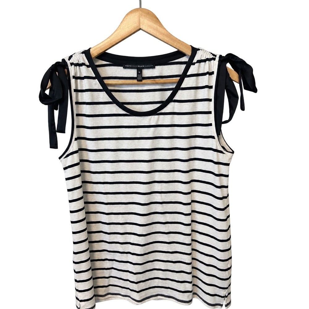 White House Black Market Stripe Tie Shoulder Top Womens M White Black Pre-owned